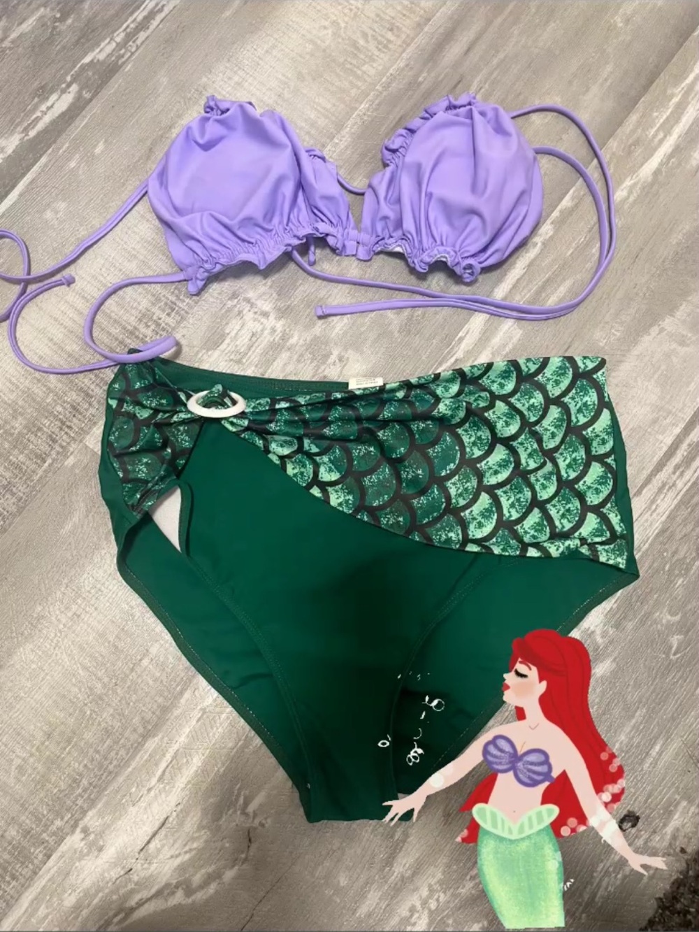 Ariel Ruched Lavender Bikini Top with Emerald Green Mermaid-Print High-Waist